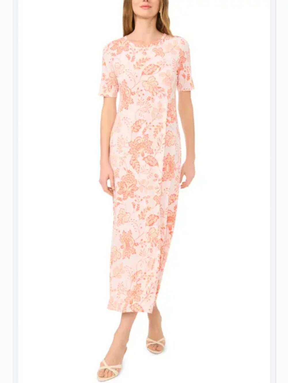 NWT Vince Camuto Floral Printed Short Sleeve Maxi Dress Size Lg Orange